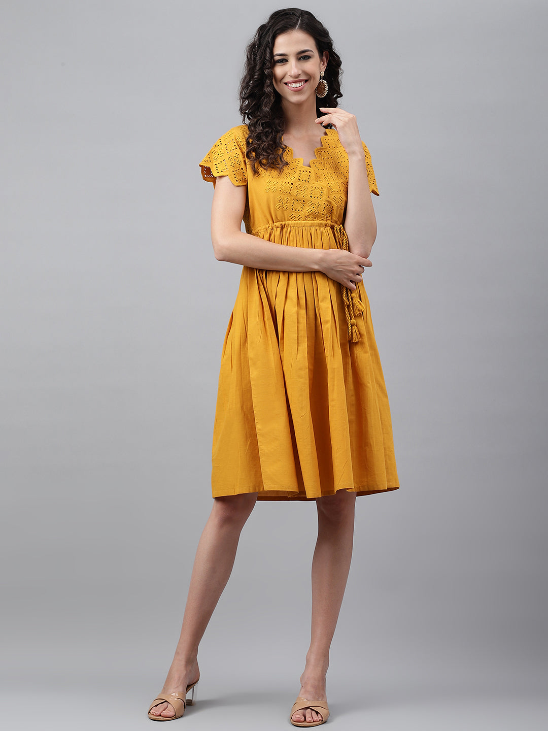 Janasya Women's Yellow Cotton Schiffli Flared Casual Dress | Grocsy