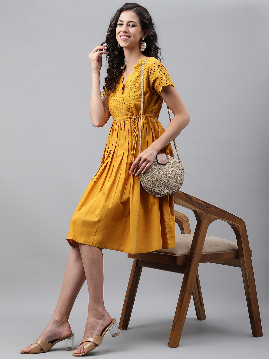 Janasya Women's Yellow Cotton Schiffli Flared Casual Dress | Grocsy