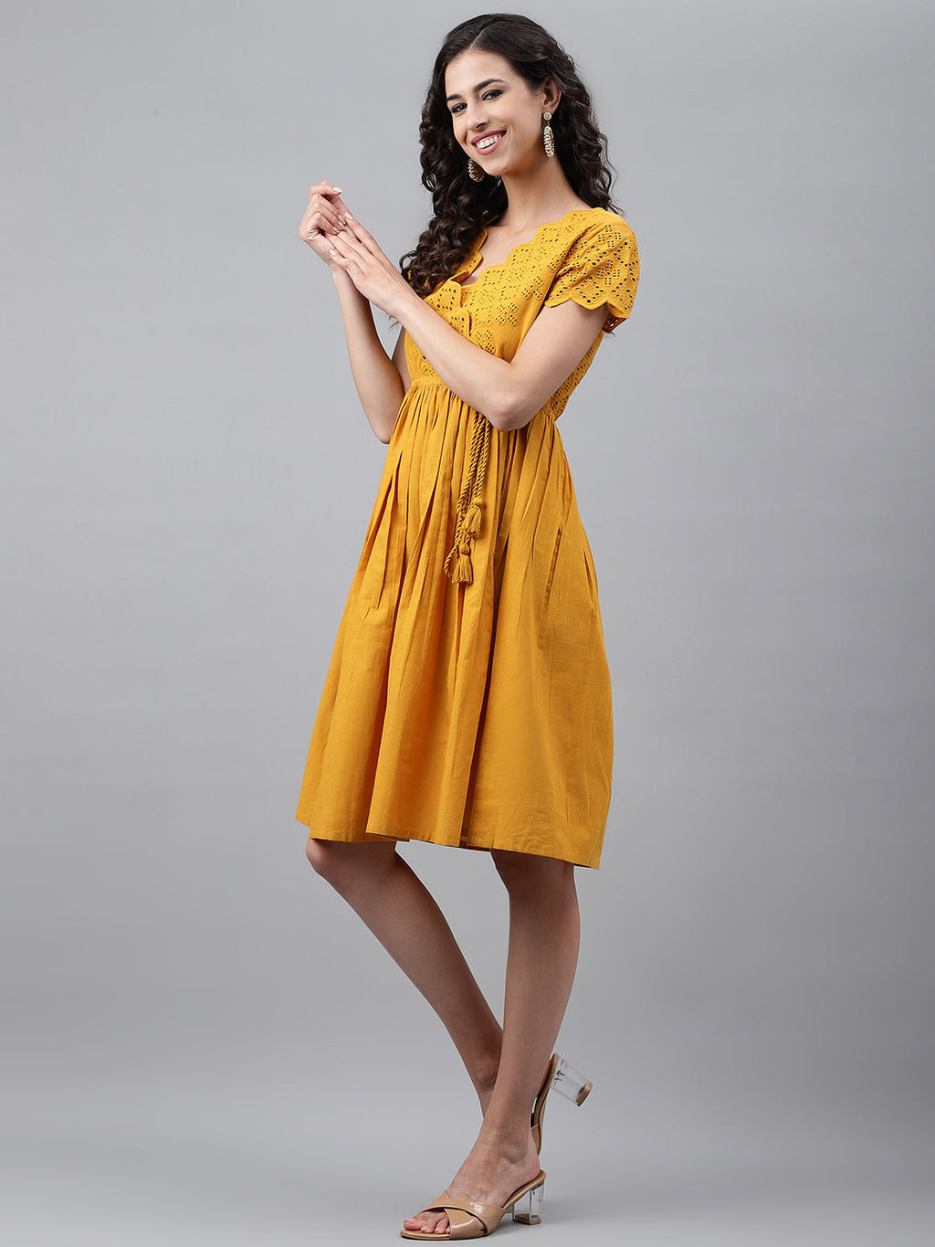 Janasya Women's Yellow Cotton Schiffli Flared Casual Dress | Grocsy