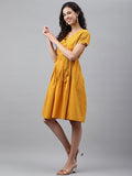 Janasya Women's Yellow Cotton Schiffli Flared Casual Dress | Grocsy
