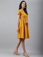 Janasya Women's Yellow Cotton Schiffli Flared Casual Dress | Grocsy