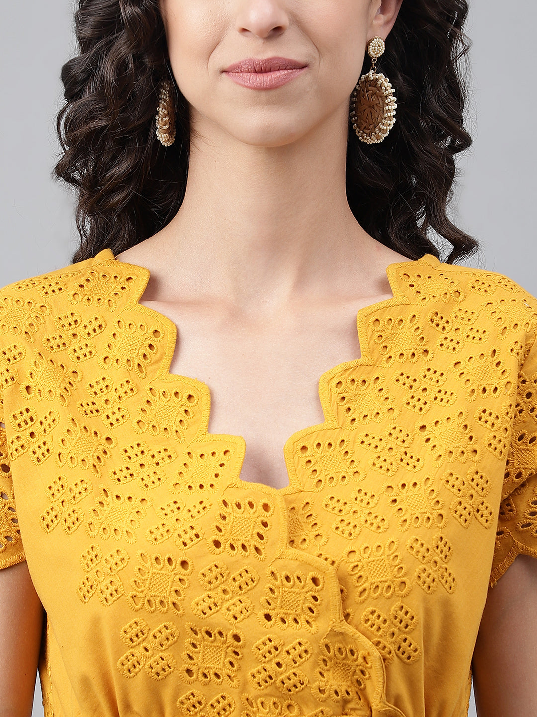 Janasya Women's Yellow Cotton Schiffli Flared Casual Dress | Grocsy