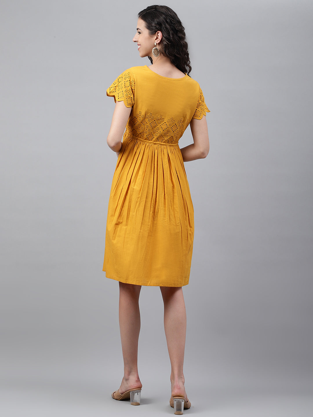 Janasya Women's Yellow Cotton Schiffli Flared Casual Dress | Grocsy