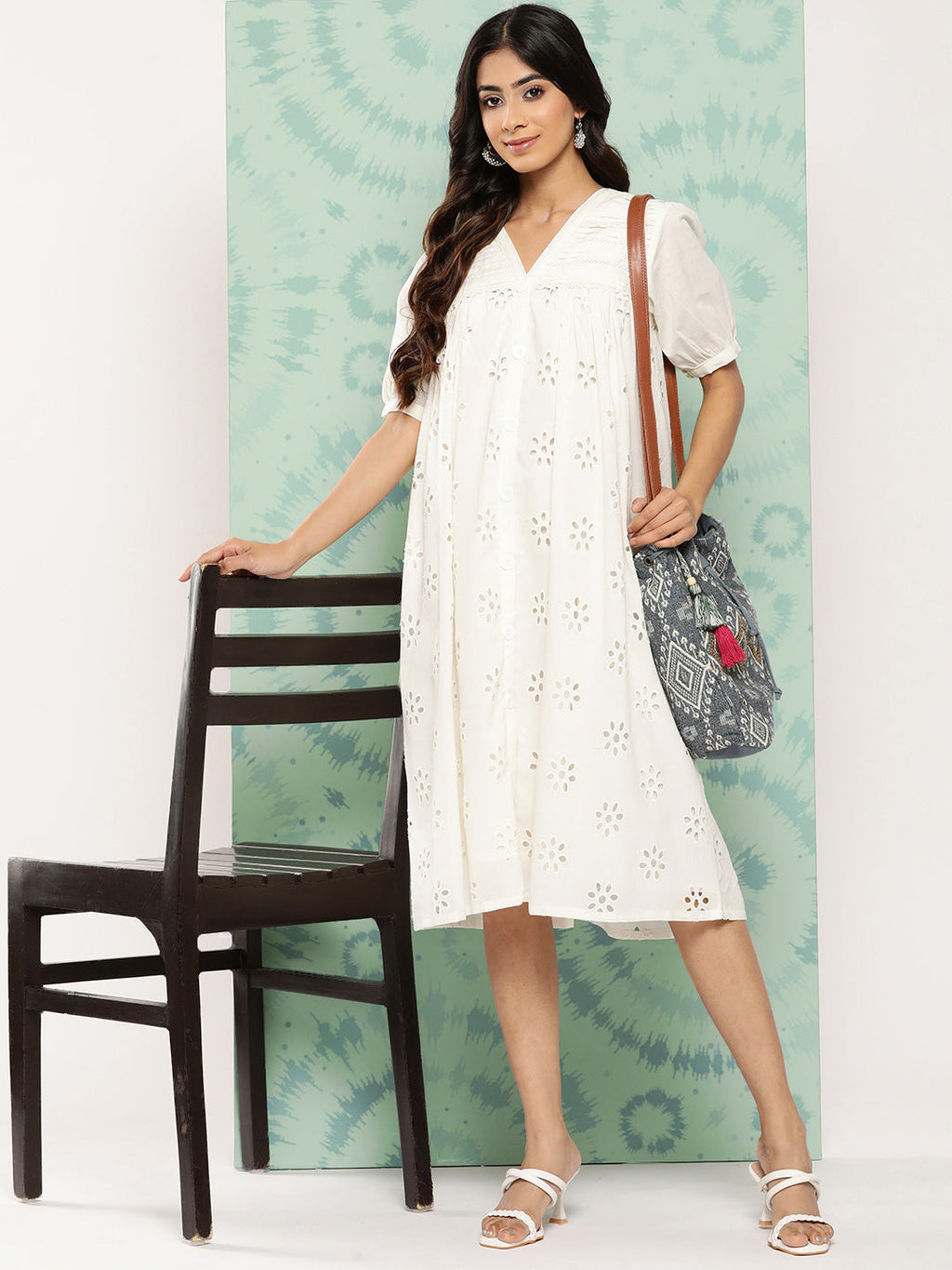 Janasya Women's White Cotton Schiffli Empire Casual Dress | Grocsy