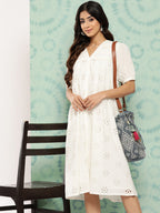 Janasya Women's White Cotton Schiffli Empire Casual Dress | Grocsy