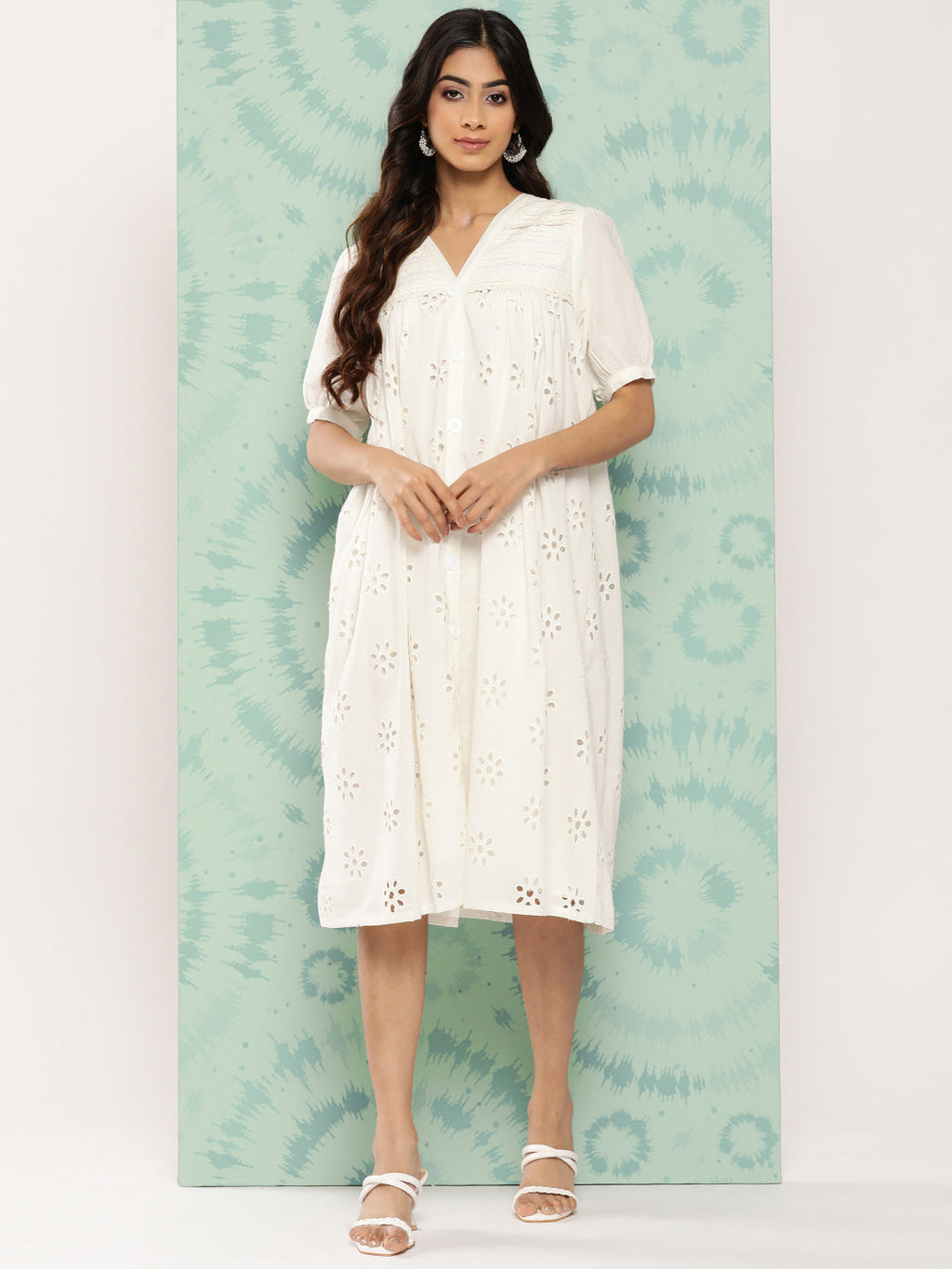 Janasya Women's White Cotton Schiffli Empire Casual Dress | Grocsy