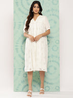 Janasya Women's White Cotton Schiffli Empire Casual Dress | Grocsy
