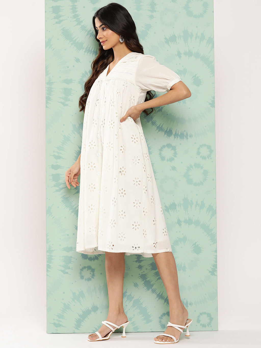 Janasya Women's White Cotton Schiffli Empire Casual Dress | Grocsy