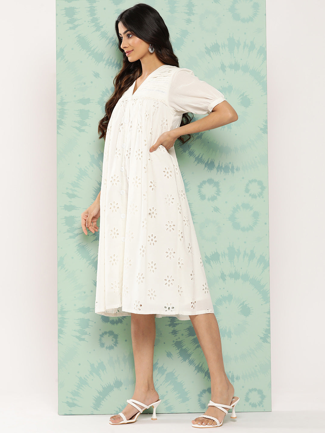 Janasya Women's White Cotton Schiffli Empire Casual Dress | Grocsy