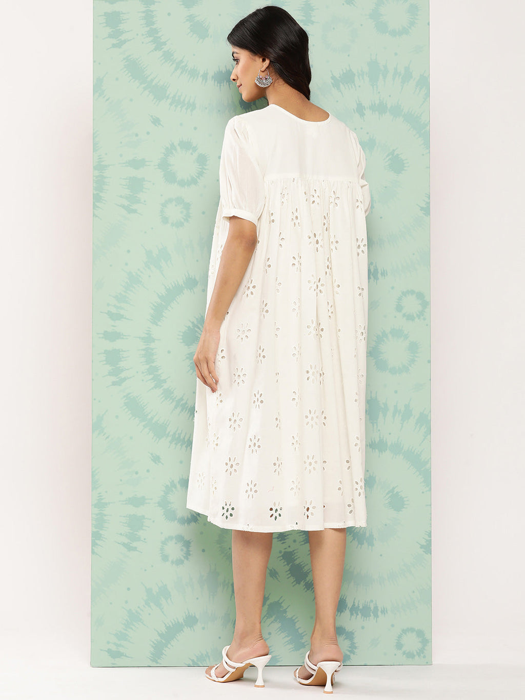 Janasya Women's White Cotton Schiffli Empire Casual Dress | Grocsy