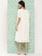 Janasya Women's White Cotton Schiffli Empire Casual Dress | Grocsy