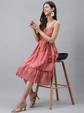 Janasya Women's Pink Cotton Schiffli Flared Western Dress | Grocsy