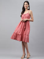 Janasya Women's Pink Cotton Schiffli Flared Western Dress | Grocsy