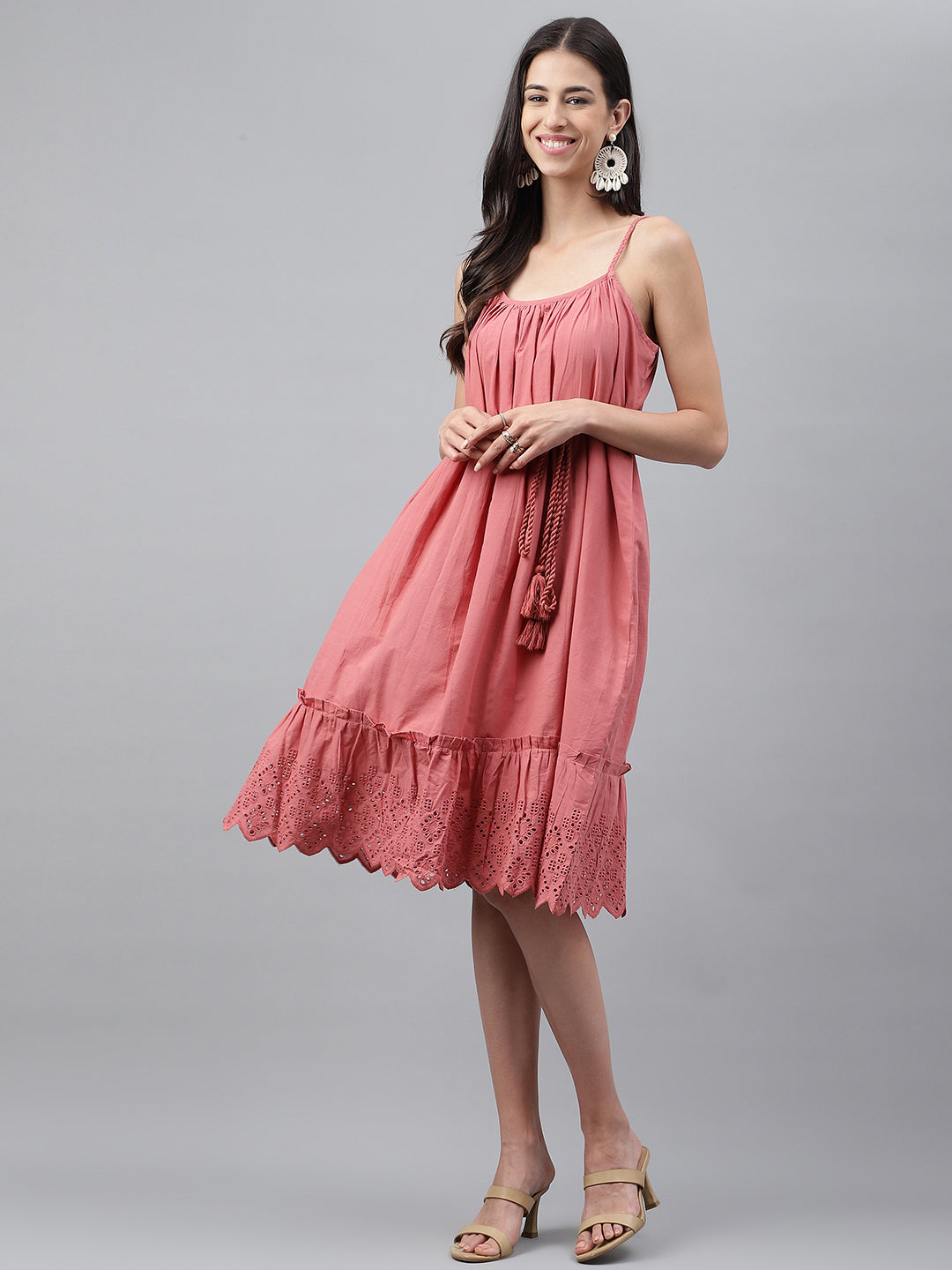 Janasya Women's Pink Cotton Schiffli Flared Western Dress | Grocsy