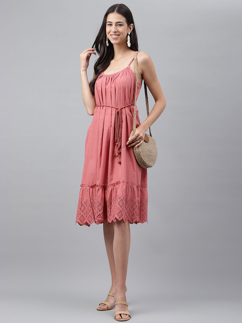 Janasya Women's Pink Cotton Schiffli Flared Western Dress | Grocsy