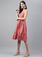 Janasya Women's Pink Cotton Schiffli Flared Western Dress | Grocsy