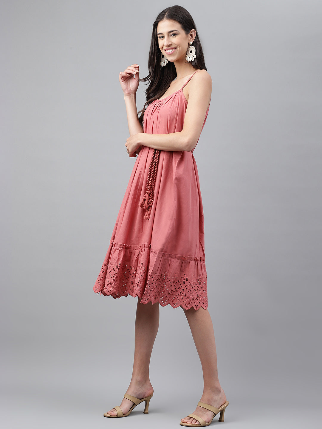 Janasya Women's Pink Cotton Schiffli Flared Western Dress | Grocsy