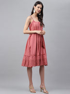 Janasya Women's Pink Cotton Schiffli Flared Western Dress | Grocsy
