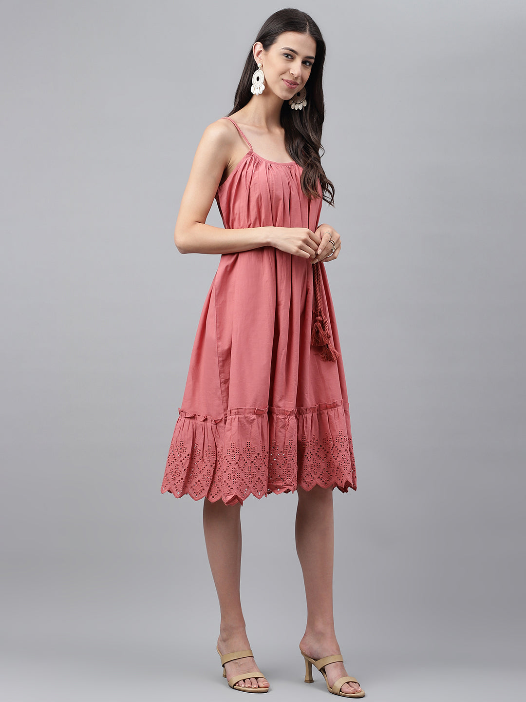 Janasya Women's Pink Cotton Schiffli Flared Western Dress | Grocsy