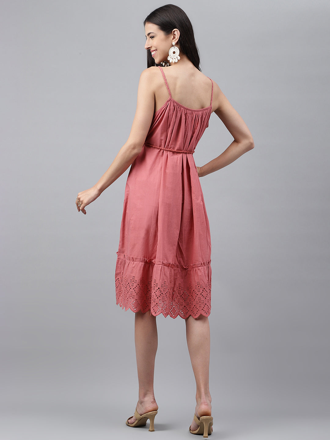 Janasya Women's Pink Cotton Schiffli Flared Western Dress | Grocsy