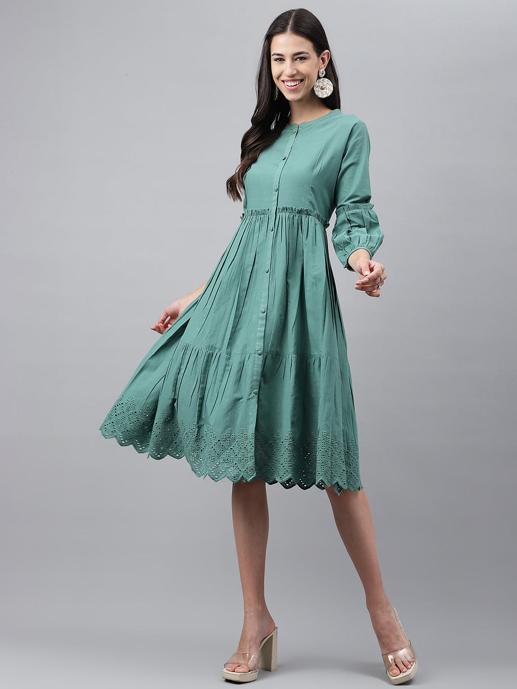 Janasya Women's Green Cotton Schiffli Flared Casual Dress | Grocsy