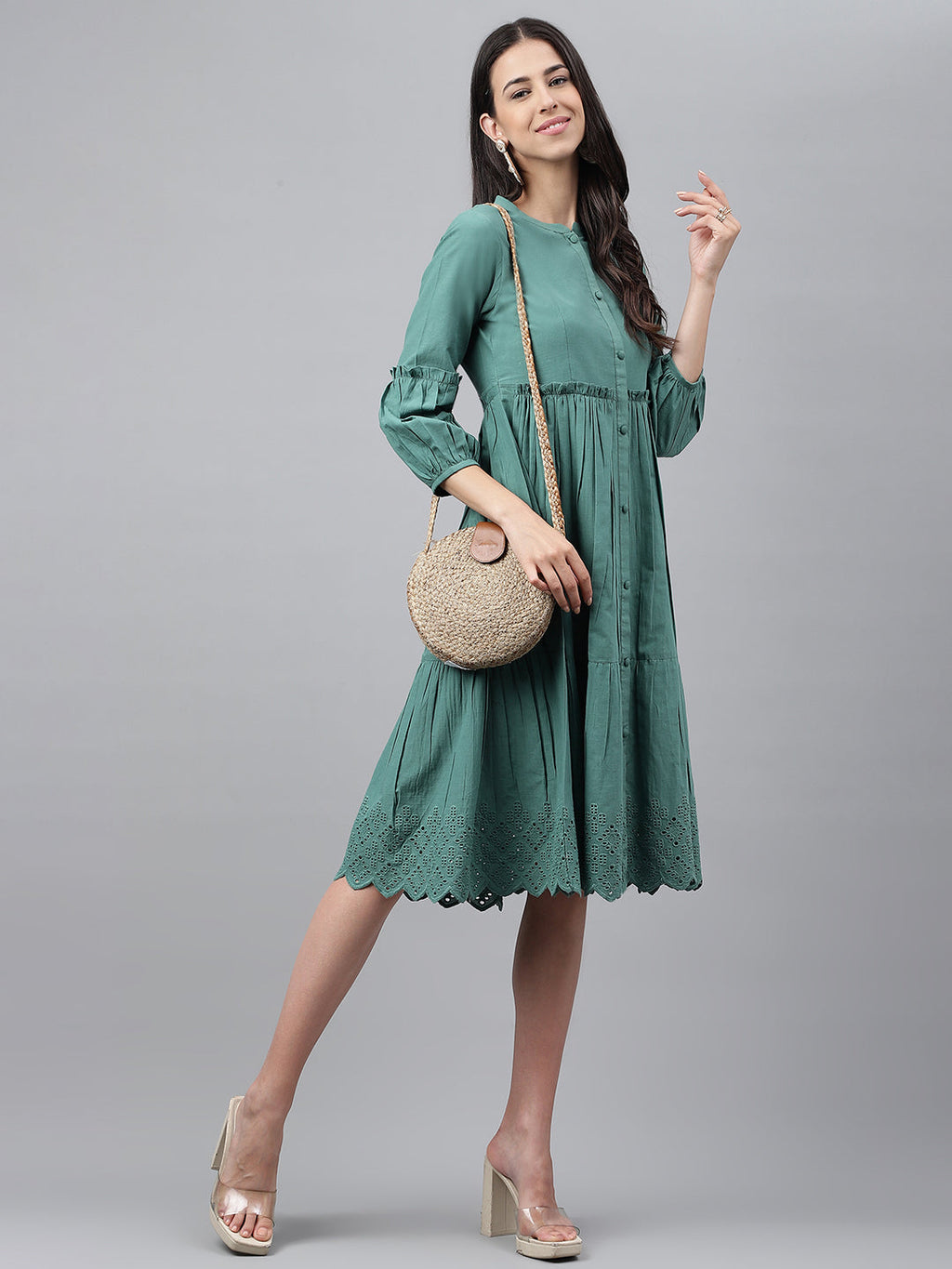 Janasya Women's Green Cotton Schiffli Flared Casual Dress | Grocsy