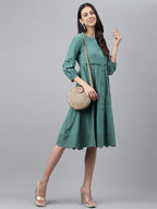 Janasya Women's Green Cotton Schiffli Flared Casual Dress | Grocsy