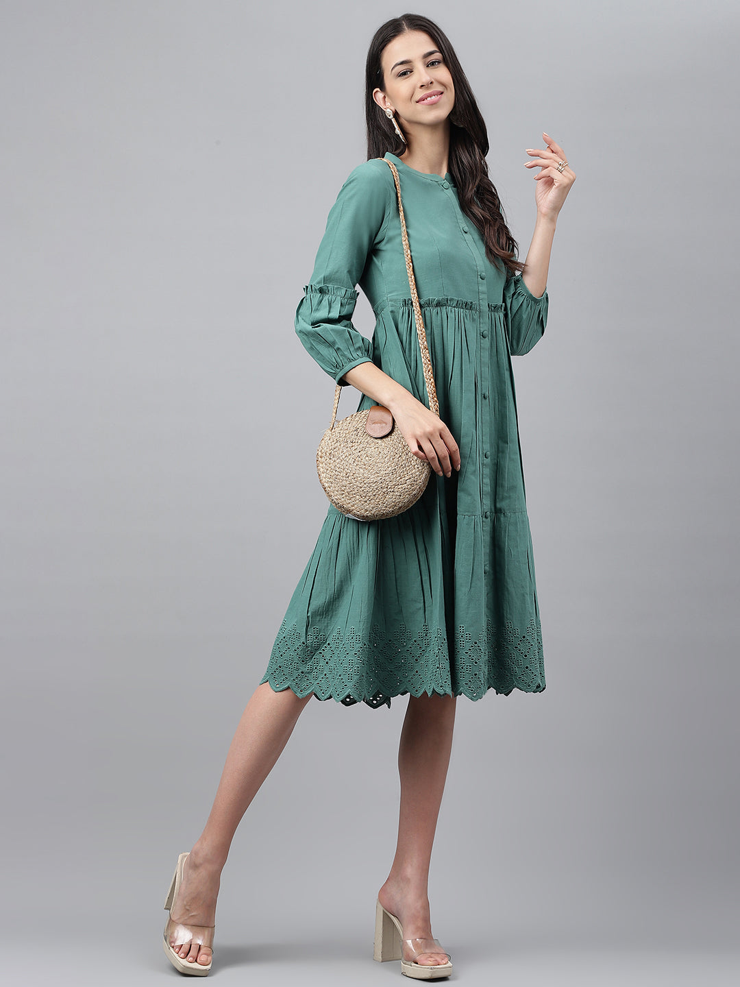 Janasya Women's Green Cotton Schiffli Flared Casual Dress | Grocsy