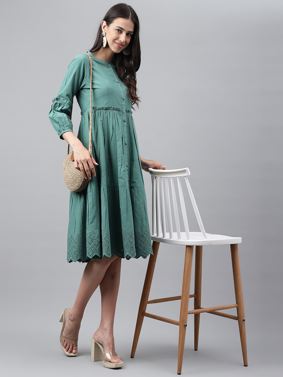 Janasya Women's Green Cotton Schiffli Flared Casual Dress | Grocsy