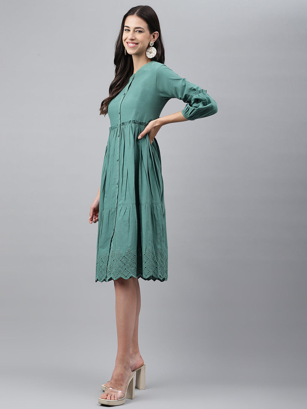 Janasya Women's Green Cotton Schiffli Flared Casual Dress | Grocsy
