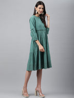 Janasya Women's Green Cotton Schiffli Flared Casual Dress | Grocsy