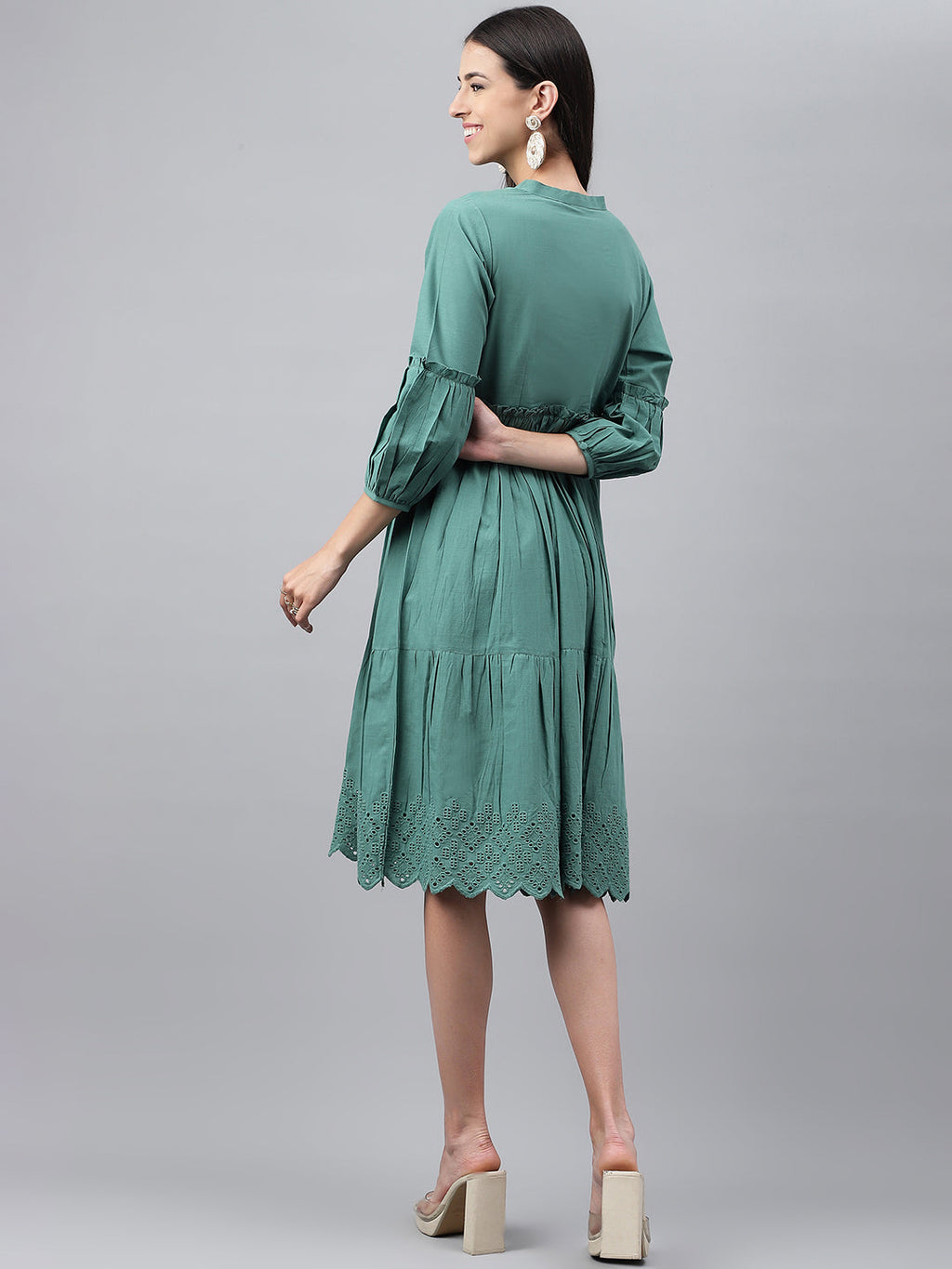 Janasya Women's Green Cotton Schiffli Flared Casual Dress | Grocsy
