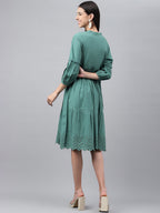 Janasya Women's Green Cotton Schiffli Flared Casual Dress | Grocsy