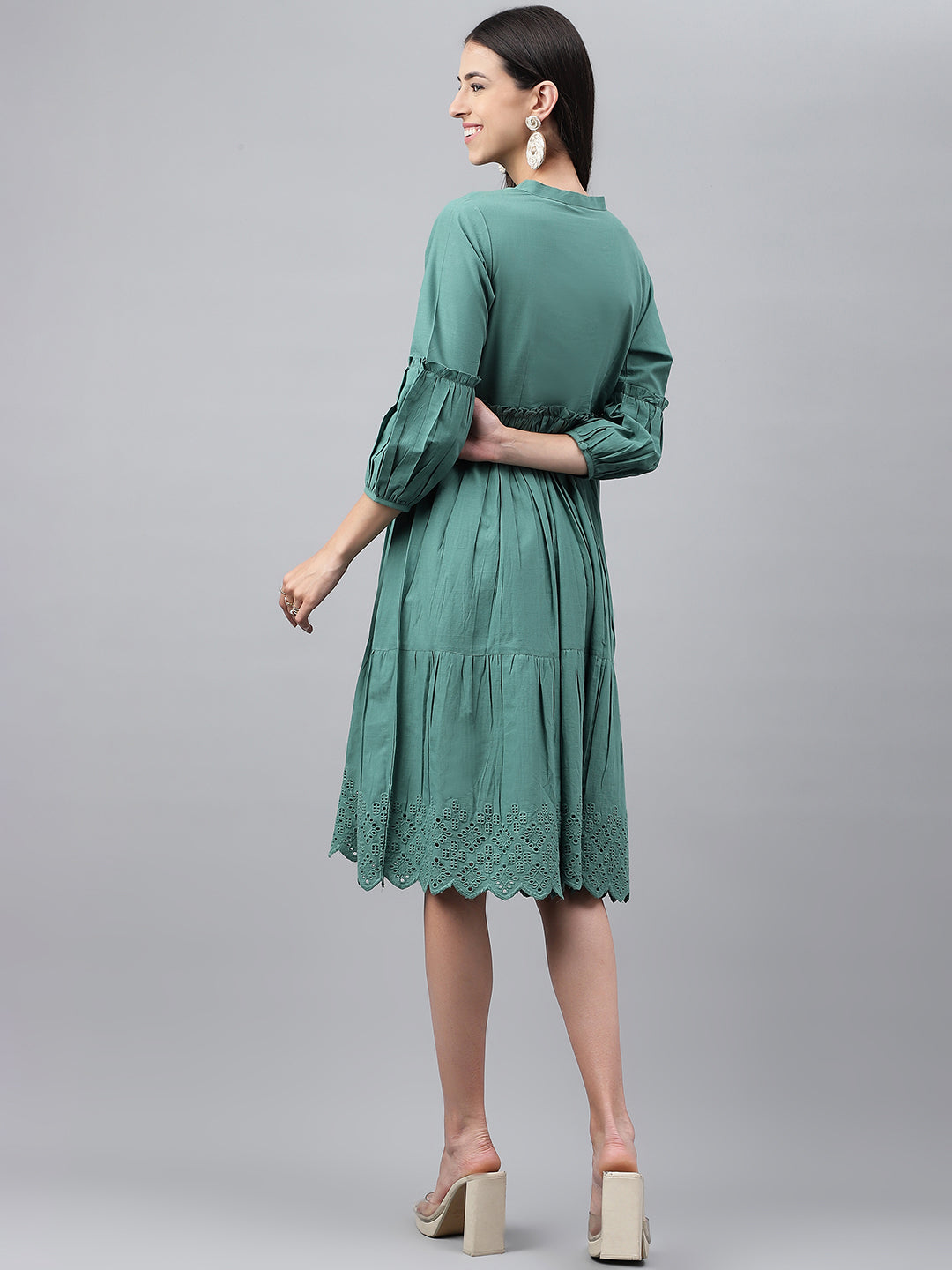 Janasya Women's Green Cotton Schiffli Flared Casual Dress | Grocsy