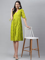 Janasya Women's Lime Green Cotton Schiffli Flared Western Dress | Grocsy