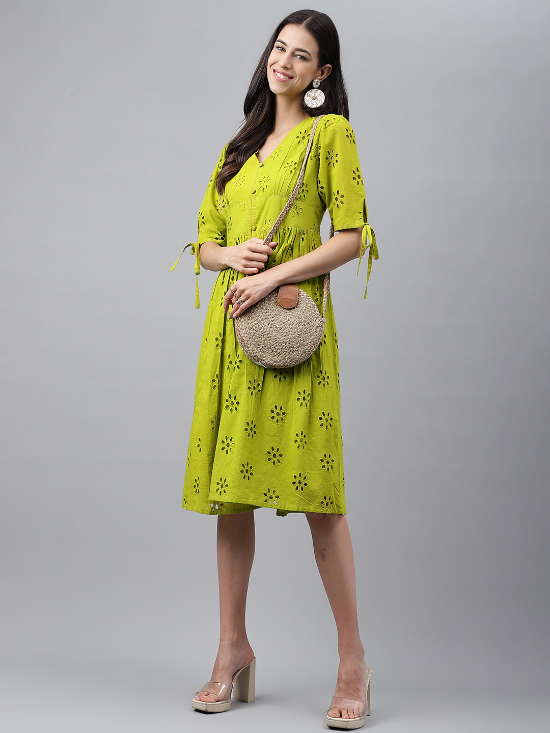 Janasya Women's Lime Green Cotton Schiffli Flared Western Dress | Grocsy