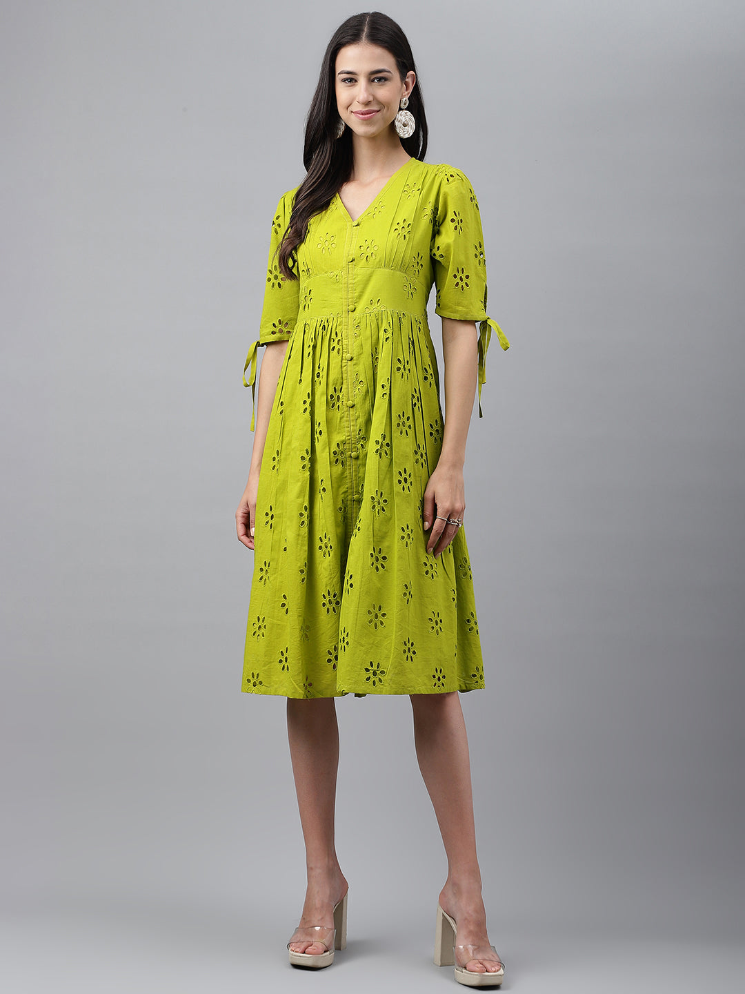 Janasya Women's Lime Green Cotton Schiffli Flared Western Dress | Grocsy