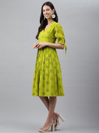 Janasya Women's Lime Green Cotton Schiffli Flared Western Dress | Grocsy