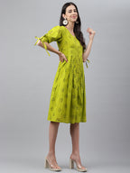 Janasya Women's Lime Green Cotton Schiffli Flared Western Dress | Grocsy