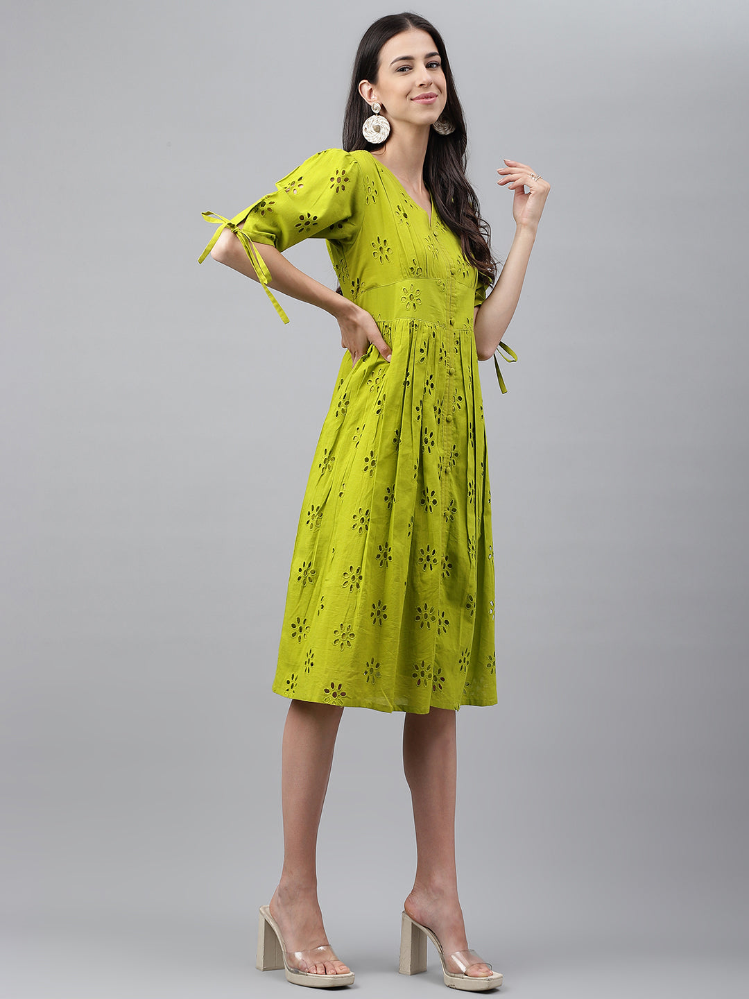 Janasya Women's Lime Green Cotton Schiffli Flared Western Dress | Grocsy
