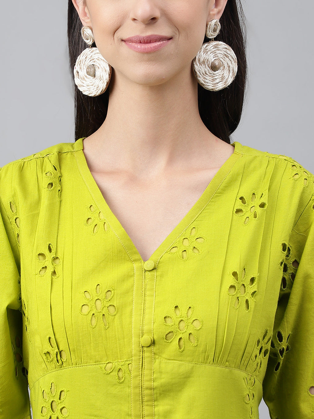 Janasya Women's Lime Green Cotton Schiffli Flared Western Dress | Grocsy