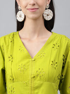 Janasya Women's Lime Green Cotton Schiffli Flared Western Dress | Grocsy