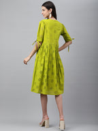 Janasya Women's Lime Green Cotton Schiffli Flared Western Dress | Grocsy
