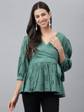 Janasya Women's Green Cotton Schiffli Casual Peplum Top | Grocsy