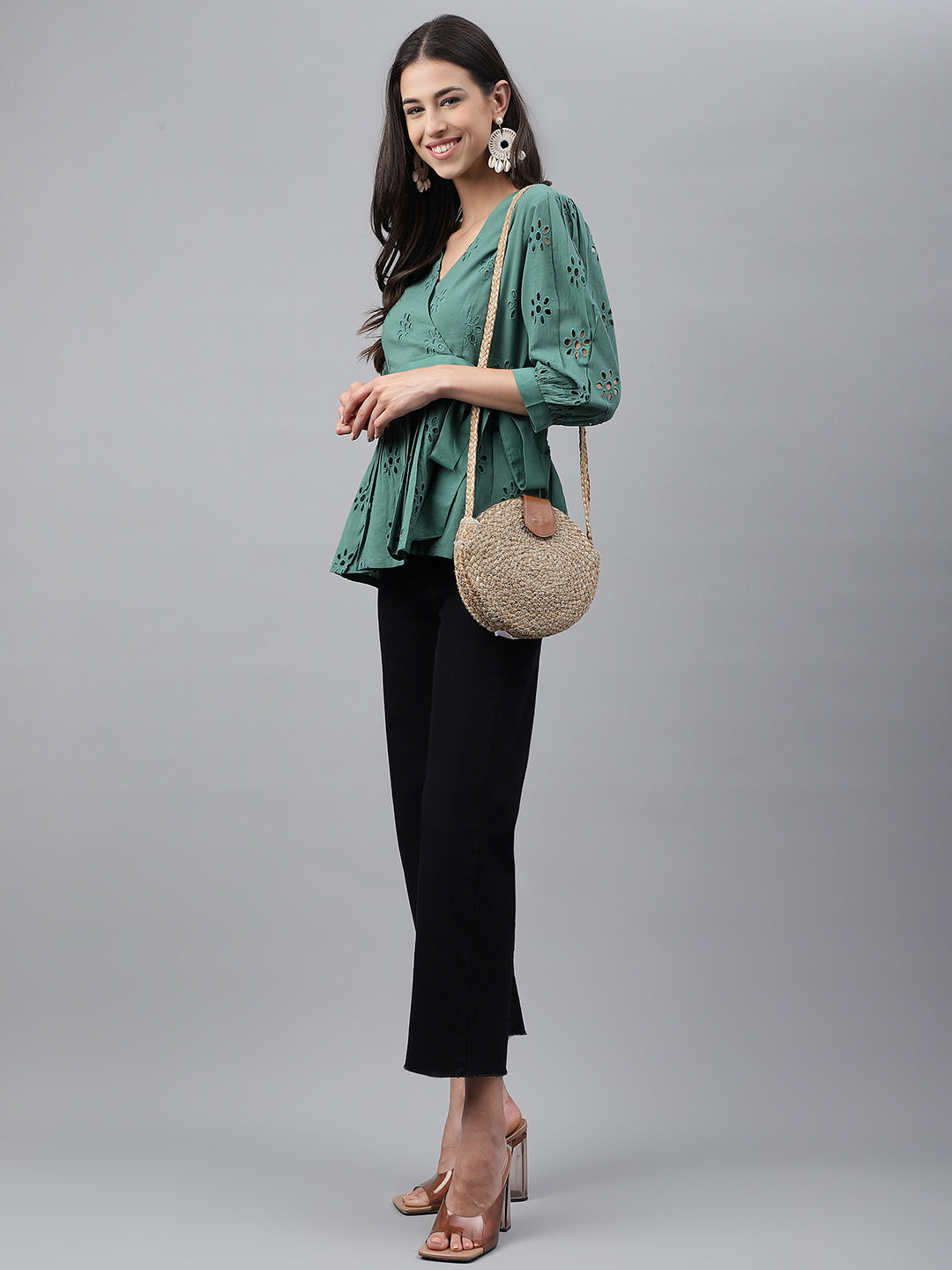 Janasya Women's Green Cotton Schiffli Casual Peplum Top | Grocsy