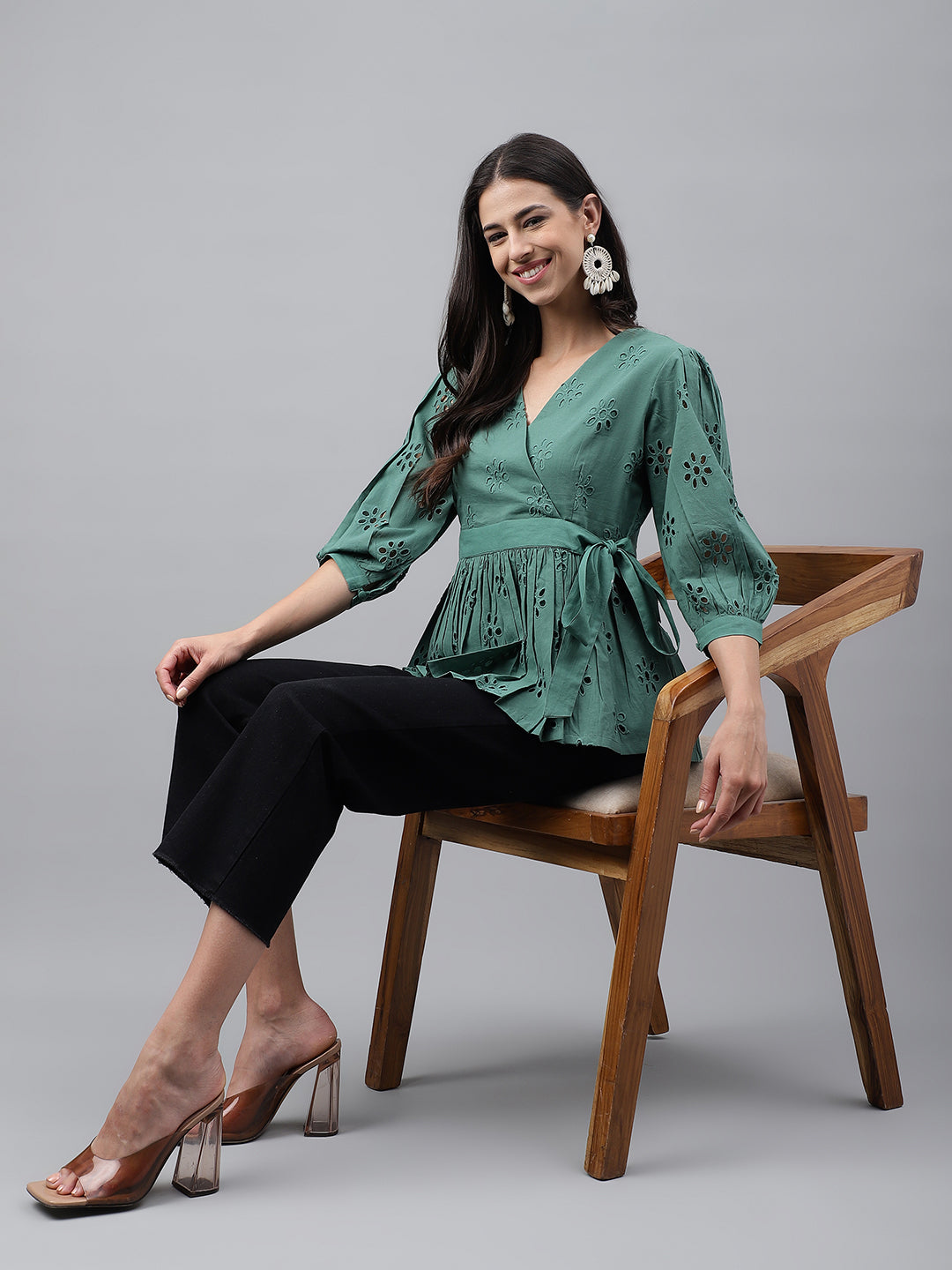 Janasya Women's Green Cotton Schiffli Casual Peplum Top | Grocsy