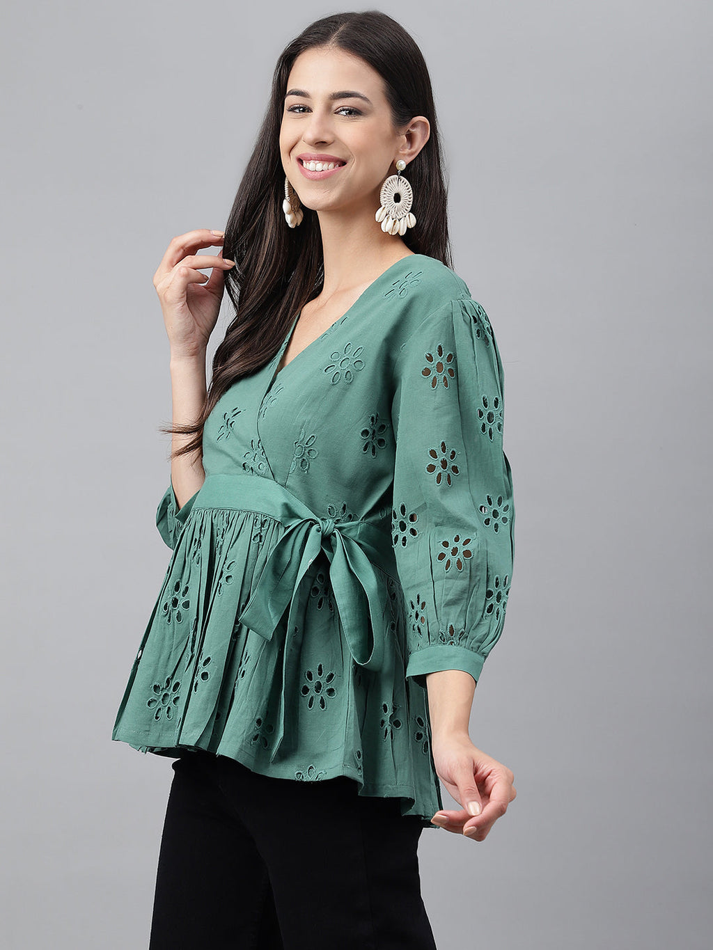 Janasya Women's Green Cotton Schiffli Casual Peplum Top | Grocsy