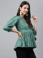Janasya Women's Green Cotton Schiffli Casual Peplum Top | Grocsy