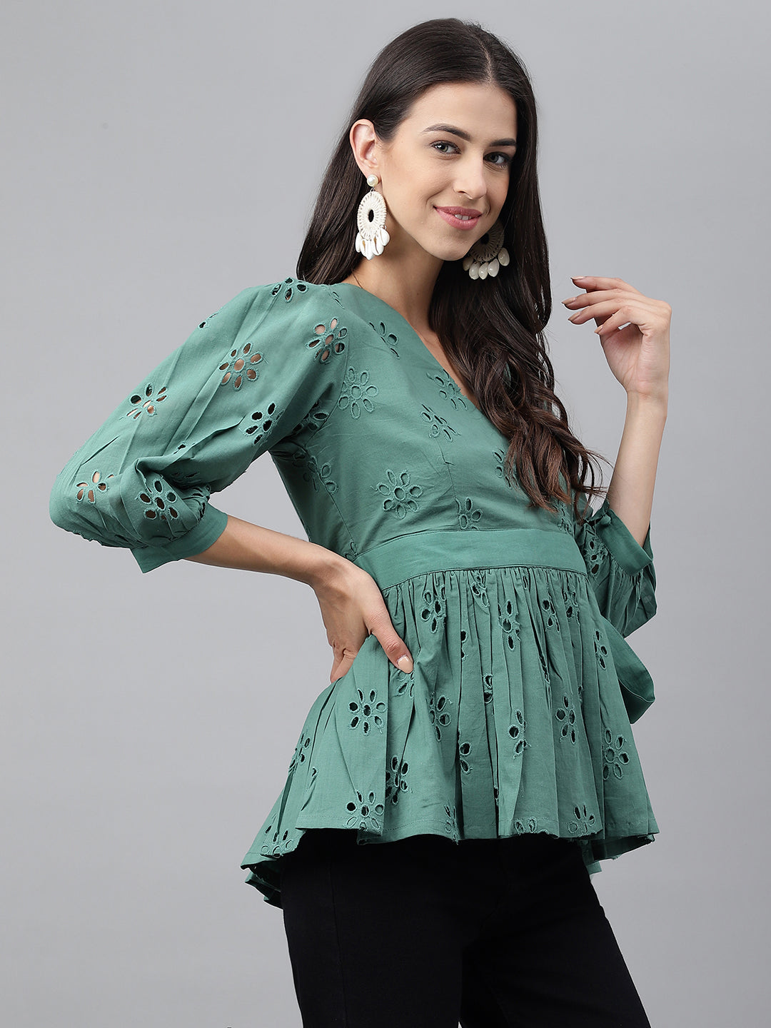 Janasya Women's Green Cotton Schiffli Casual Peplum Top | Grocsy