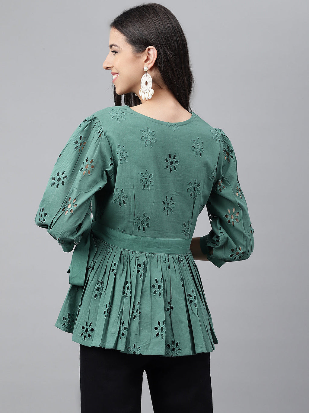 Janasya Women's Green Cotton Schiffli Casual Peplum Top | Grocsy